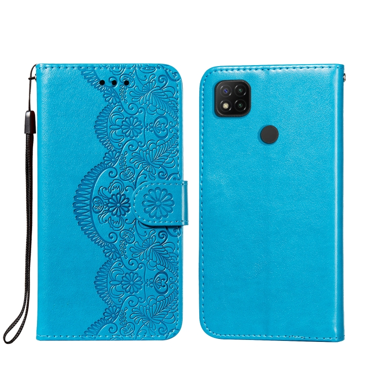 

For Xiaomi Redmi 9C Flower Vine Embossing Pattern Horizontal Flip Leather Case with Card Slot & Holder & Wallet & Lanyard(Blue)