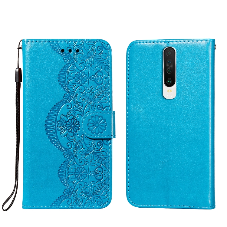 

For Xiaomi Redmi K30 Flower Vine Embossing Pattern Horizontal Flip Leather Case with Card Slot & Holder & Wallet & Lanyard(Blue)