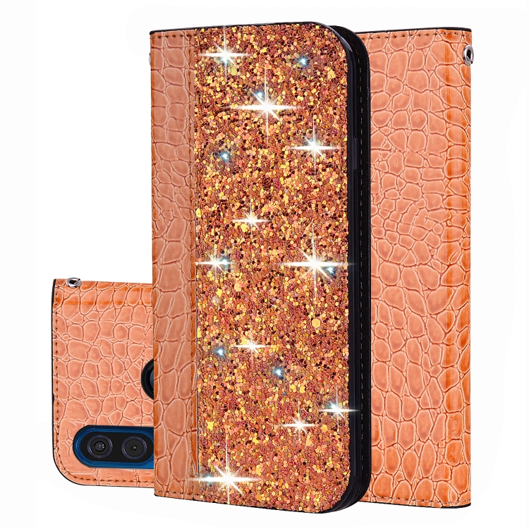 

For Motorola Moto One Vision Crocodile Texture Glitter Powder Horizontal Flip Leather Case with Card Slots & Holder(Orange)