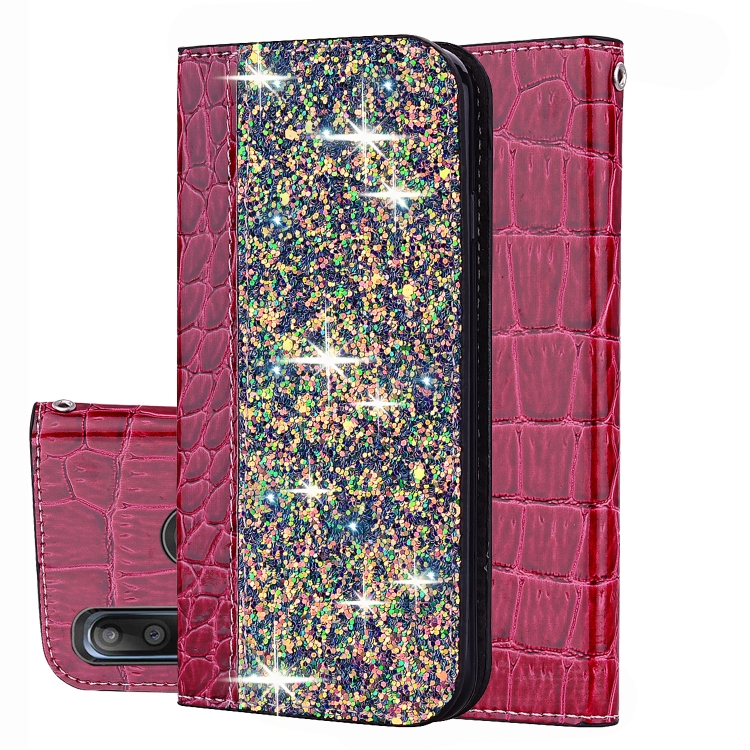 

For Asus Zenfone Max (M2) Crocodile Texture Glitter Powder Horizontal Flip Leather Case with Card Slots & Holder(Rose Red)