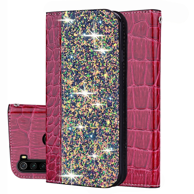 

For Xiaomi Redmi Note 8 Crocodile Texture Glitter Powder Horizontal Flip Leather Case with Card Slots & Holder(Rose Red)