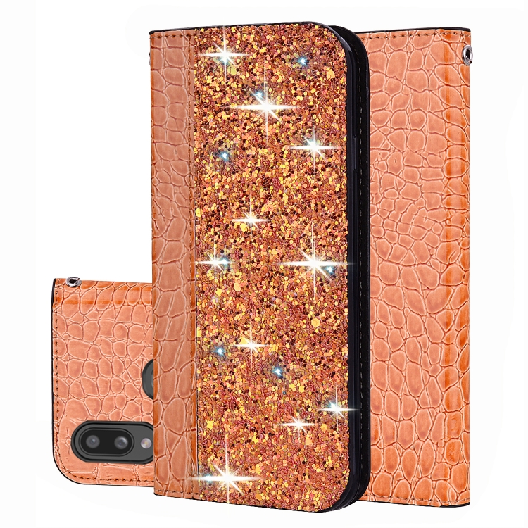 

For Galaxy A10s Crocodile Texture Glitter Powder Horizontal Flip Leather Case with Card Slots & Holder(Orange)