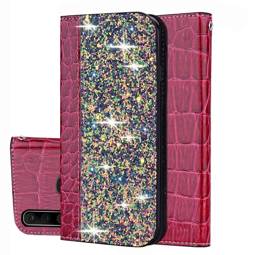 

For Galaxy A20s Crocodile Texture Glitter Powder Horizontal Flip Leather Case with Card Slots & Holder(Rose Red)