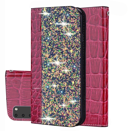 

For Galaxy M30s Crocodile Texture Glitter Powder Horizontal Flip Leather Case with Card Slots & Holder(Rose Red)