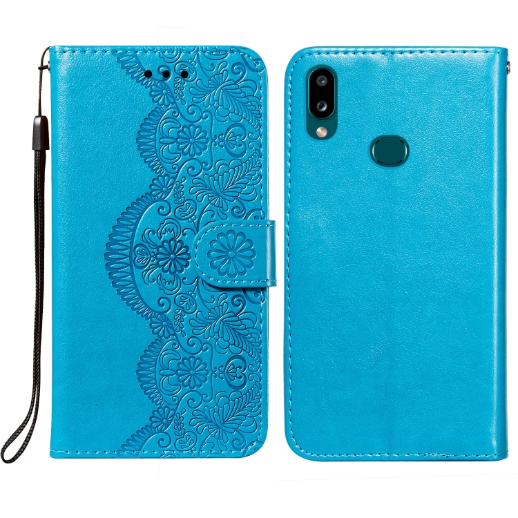 

For Samsung Galaxy A10s Flower Vine Embossing Pattern Horizontal Flip Leather Case with Card Slot & Holder & Wallet & Lanyard(Blue)