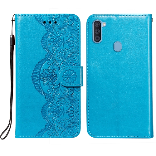 

For Samsung Galaxy A11 / M11 Flower Vine Embossing Pattern Horizontal Flip Leather Case with Card Slot & Holder & Wallet & Lanyard(Blue)