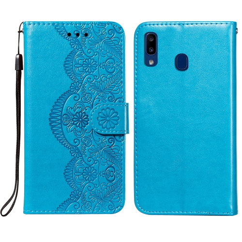 

For Samsung Galaxy A20 / A30 Flower Vine Embossing Pattern Horizontal Flip Leather Case with Card Slot & Holder & Wallet & Lanyard(Blue)