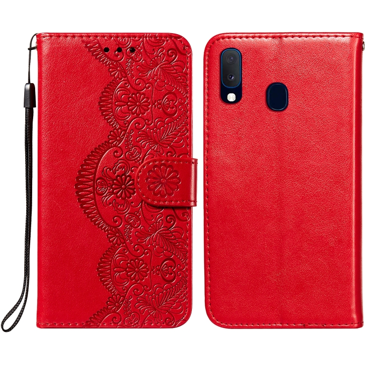 

For Samsung Galaxy A20e Flower Vine Embossing Pattern Horizontal Flip Leather Case with Card Slot & Holder & Wallet & Lanyard(Red)