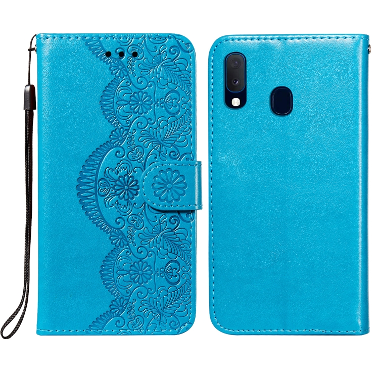 

For Samsung Galaxy A20e Flower Vine Embossing Pattern Horizontal Flip Leather Case with Card Slot & Holder & Wallet & Lanyard(Blue)