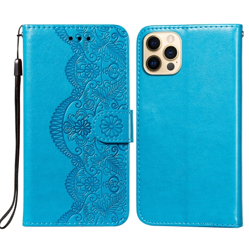 

Flower Vine Embossing Pattern Horizontal Flip Leather Case with Card Slot & Holder & Wallet & Lanyard For iPhone 12 / 12 Pro(Blue)