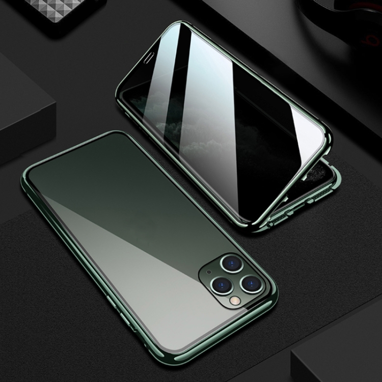 

R-JUST Four-corner Shockproof Anti-peeping Magnetic Metal Frame Double-sided Tempered Glass Case For iPhone 11 Pro(Dark Green)