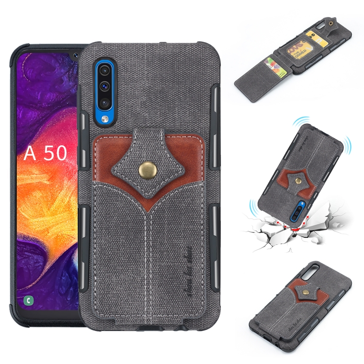 

For Galaxy A50 Cloth Texture + PU + TPU Shockproof Protective Case with Card Slots(Black)