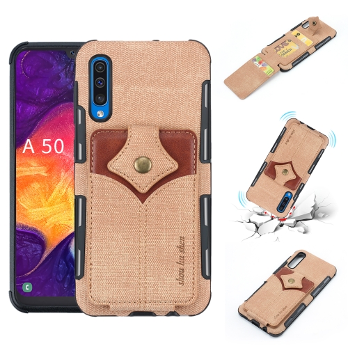 

For Galaxy A50 Cloth Texture + PU + TPU Shockproof Protective Case with Card Slots(Khaki)