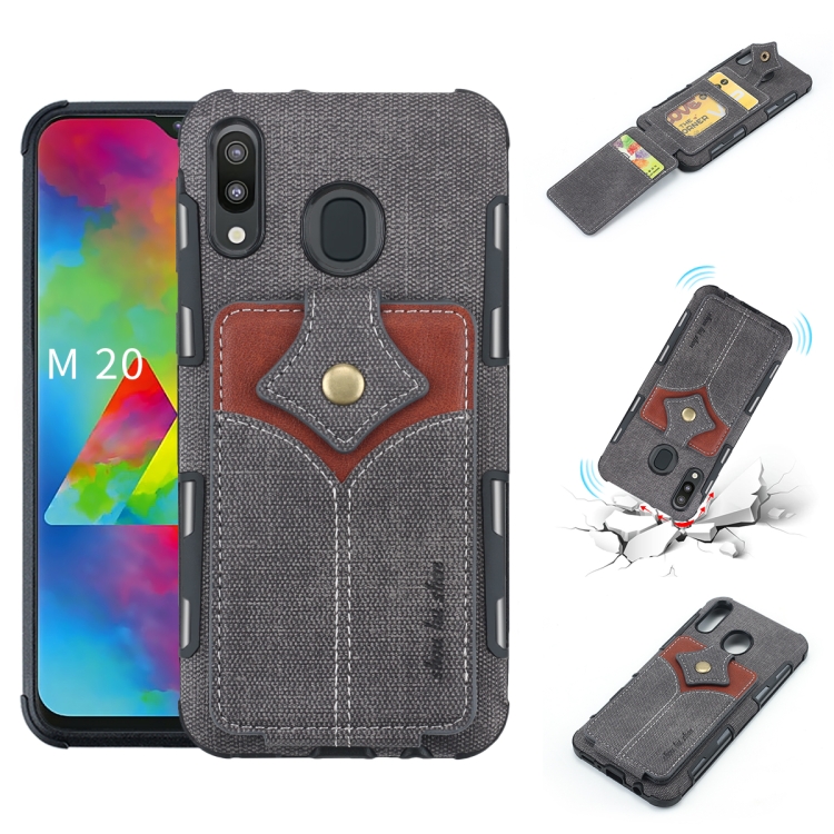 

For Galaxy M20 Cloth Texture + PU + TPU Shockproof Protective Case with Card Slots(Black)