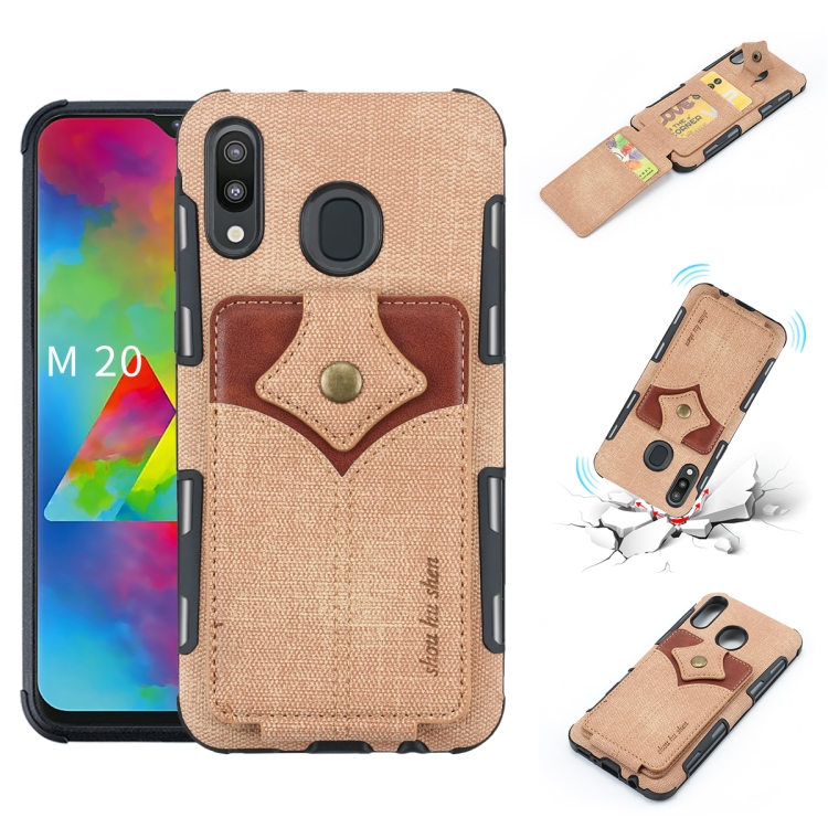 

For Galaxy M20 Cloth Texture + PU + TPU Shockproof Protective Case with Card Slots(Khaki)
