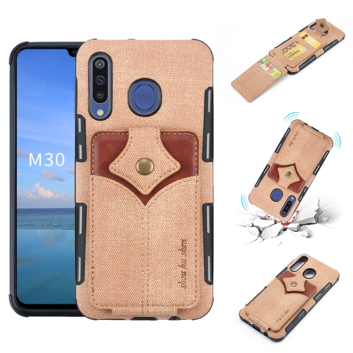 

For Galaxy M30 Cloth Texture + PU + TPU Shockproof Protective Case with Card Slots(Khaki)