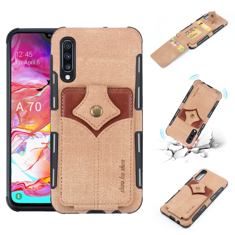 

For Galaxy A70 Cloth Texture + PU + TPU Shockproof Protective Case with Card Slots(Khaki)