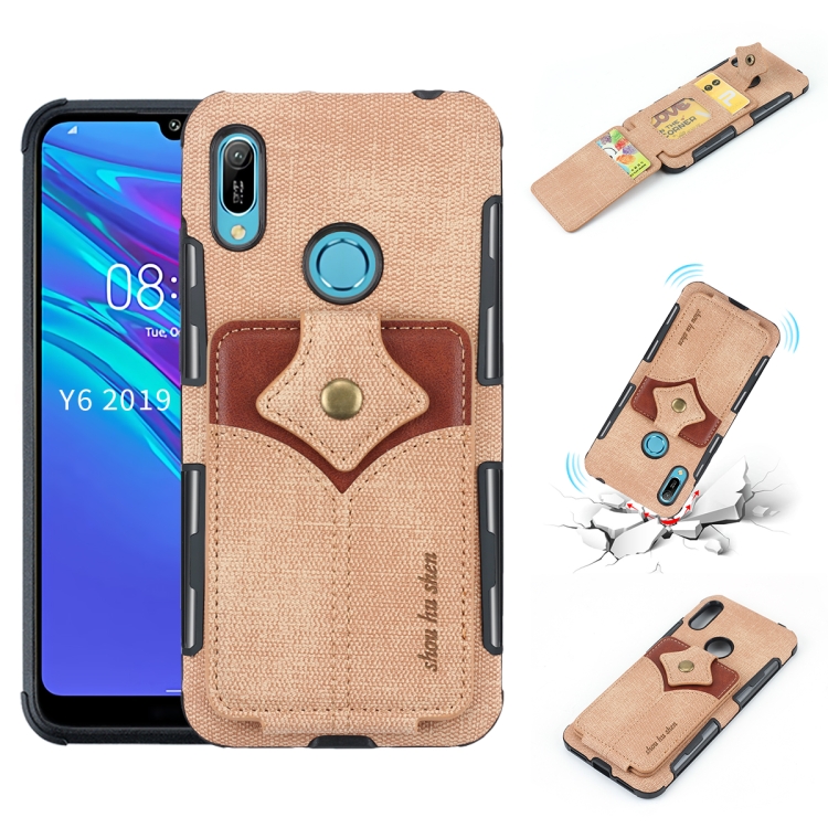 

For Huawei Y6 (2019) Cloth Texture + PU + TPU Shockproof Protective Case with Card Slots(Khaki)