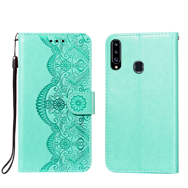 

For Samsung Galaxy A20s Flower Vine Embossing Pattern Horizontal Flip Leather Case with Card Slot & Holder & Wallet & Lanyard(Green)