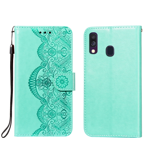 

For Samsung Galaxy A40 Flower Vine Embossing Pattern Horizontal Flip Leather Case with Card Slot & Holder & Wallet & Lanyard(Green)