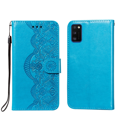 

For Samsung Galaxy A41 Flower Vine Embossing Pattern Horizontal Flip Leather Case with Card Slot & Holder & Wallet & Lanyard(Blue)