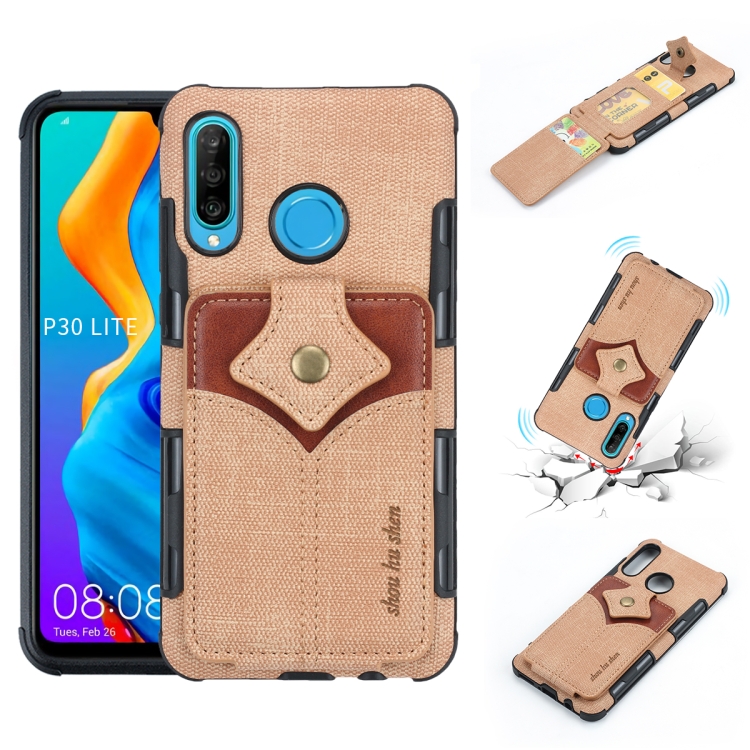 

For Huawei P30 Lite Cloth Texture + PU + TPU Shockproof Protective Case with Card Slots(Khaki)