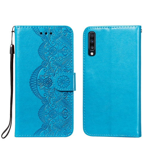 

For Samsung Galaxy A70 Flower Vine Embossing Pattern Horizontal Flip Leather Case with Card Slot & Holder & Wallet & Lanyard(Blue)