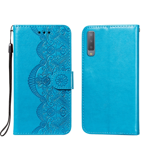 

For Samsung Galaxy A7 (2018) Flower Vine Embossing Pattern Horizontal Flip Leather Case with Card Slot & Holder & Wallet & Lanyard(Blue)