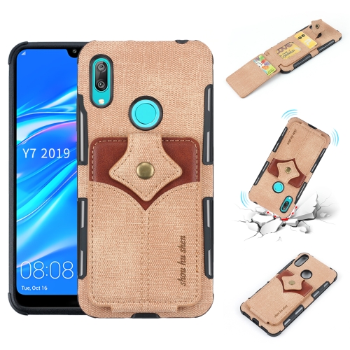 

For Huawei Y7 (2019) Cloth Texture + PU + TPU Shockproof Protective Case with Card Slots(Khaki)