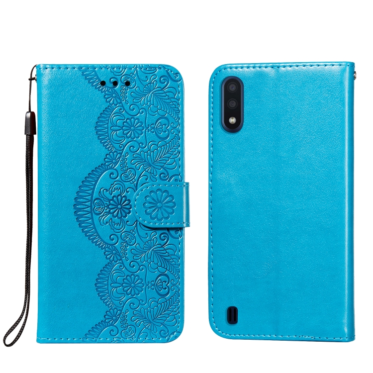 

For Samsung Galaxy M01 Flower Vine Embossing Pattern Horizontal Flip Leather Case with Card Slot & Holder & Wallet & Lanyard(Blue)