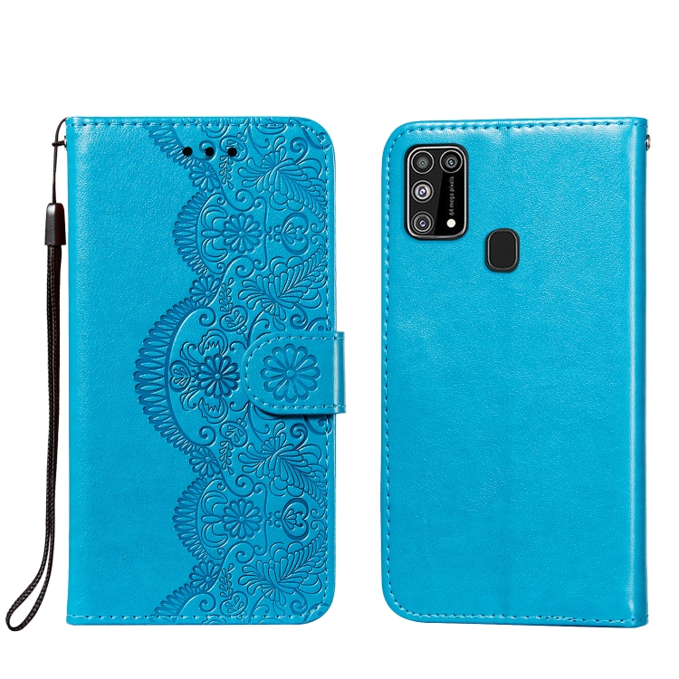 

For Samsung Galaxy M31 Flower Vine Embossing Pattern Horizontal Flip Leather Case with Card Slot & Holder & Wallet & Lanyard(Blue)