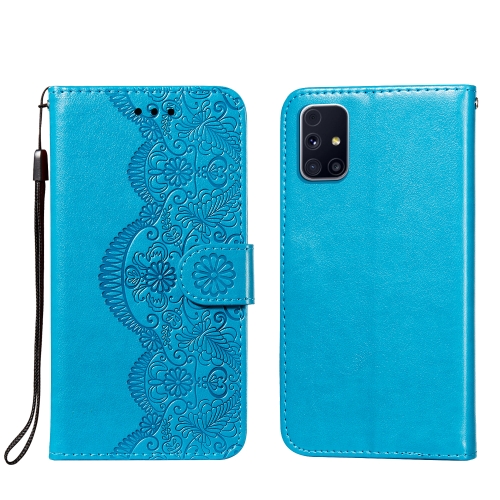 

For Samsung Galaxy M31s Flower Vine Embossing Pattern Horizontal Flip Leather Case with Card Slot & Holder & Wallet & Lanyard(Blue)