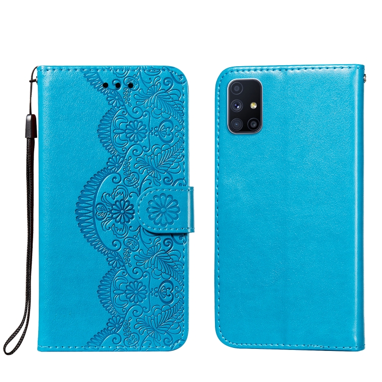 

For Samsung Galaxy M51 (Side Fingerprint) Flower Vine Embossing Pattern Horizontal Flip Leather Case with Card Slot & Holder & Wallet & Lanyard(Blue)