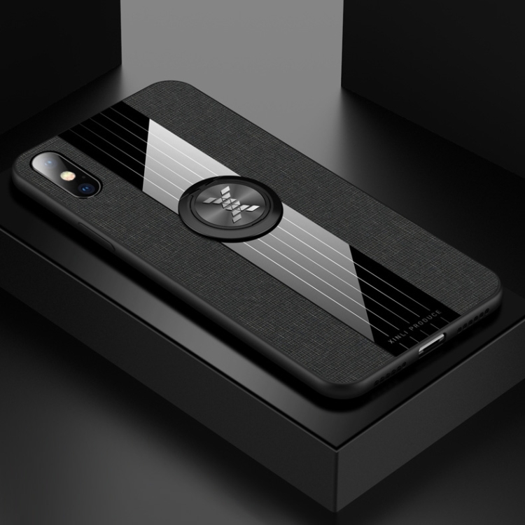 

For iPhone XR XINLI Stitching Cloth Texture Shockproof TPU Protective Case with Ring Holder(Black)