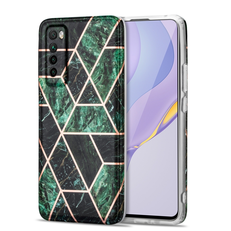 

For Huawei nova 7 5G Electroplating Stitching Marbled IMD Stripe Straight Edge Rubik Cube Phone Protective Case(Emerald Green)