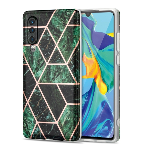 

For Huawei P30 Electroplating Stitching Marbled IMD Stripe Straight Edge Rubik Cube Phone Protective Case(Emerald Green)