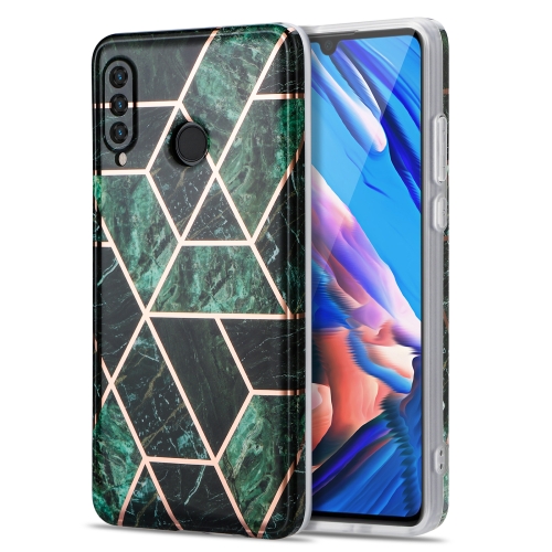 

For Huawei P30 Lite Electroplating Stitching Marbled IMD Stripe Straight Edge Rubik Cube Phone Protective Case(Emerald Green)