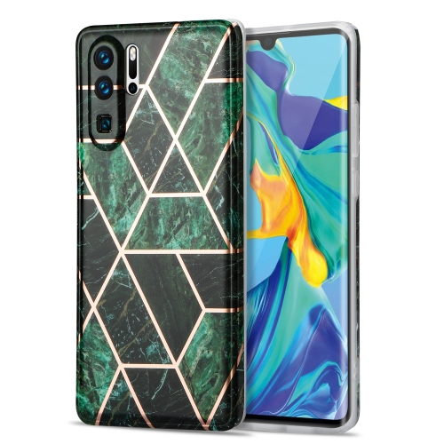 

For Huawei P30 Pro Electroplating Stitching Marbled IMD Stripe Straight Edge Rubik Cube Phone Protective Case(Emerald Green)