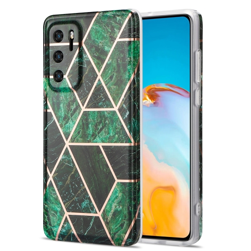 

For Huawei P40 Electroplating Stitching Marbled IMD Stripe Straight Edge Rubik Cube Phone Protective Case(Emerald Green)