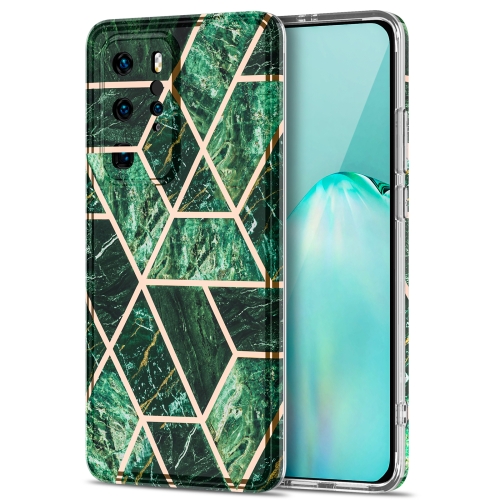 

For Huawei P40 Pro Electroplating Stitching Marbled IMD Stripe Straight Edge Rubik Cube Phone Protective Case(Emerald Green)