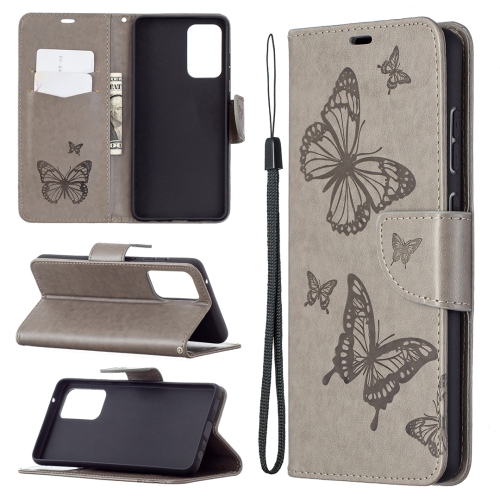 

For Samsung Galaxy A72 5G / 4G Embossing Two Butterflies Pattern Horizontal Flip PU Leather Case with Holder & Card Slot & Wallet & Lanyard(Grey)