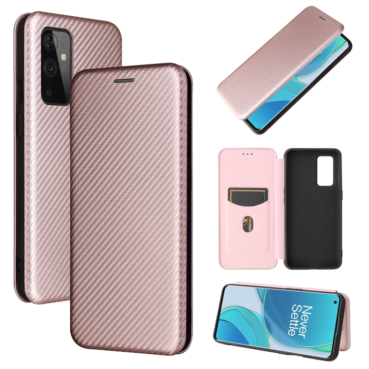 

For OnePlus 9 Carbon Fiber Texture Magnetic Horizontal Flip TPU + PC + PU Leather Case with Card Slot(Pink)