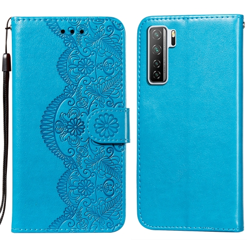 

For Huawei nova 7 SE Flower Vine Embossing Pattern Horizontal Flip Leather Case with Card Slot & Holder & Wallet & Lanyard(Blue)