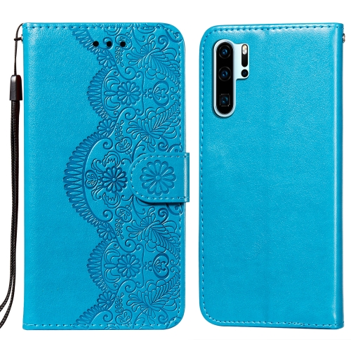 

For Huawei P30 Pro Flower Vine Embossing Pattern Horizontal Flip Leather Case with Card Slot & Holder & Wallet & Lanyard(Blue)