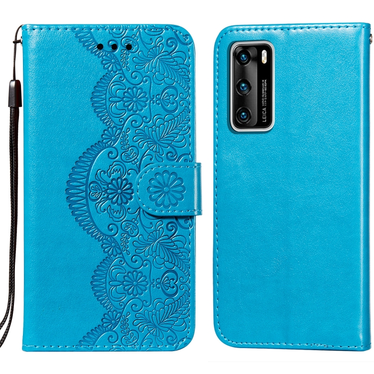 

For Huawei P40 Flower Vine Embossing Pattern Horizontal Flip Leather Case with Card Slot & Holder & Wallet & Lanyard(Blue)