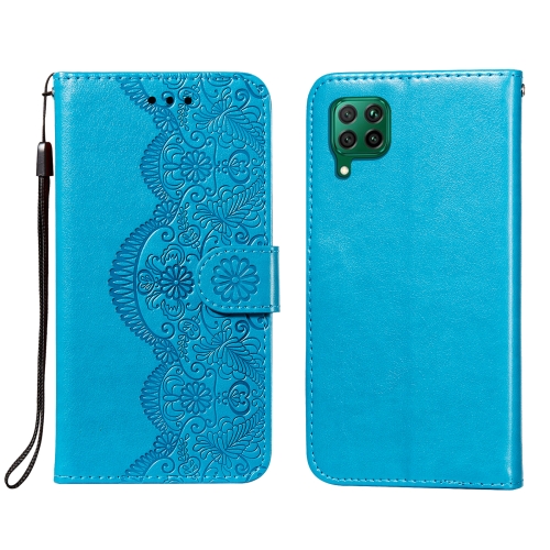 

For Huawei P40 Lite / nova 6 SE Flower Vine Embossing Pattern Horizontal Flip Leather Case with Card Slot & Holder & Wallet & Lanyard(Blue)