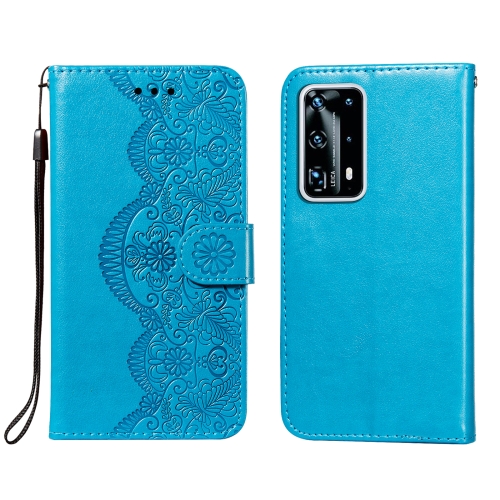 

For Huawei P40 Pro+ Flower Vine Embossing Pattern Horizontal Flip Leather Case with Card Slot & Holder & Wallet & Lanyard(Blue)