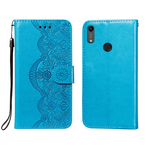 

For Huawei Honor 8A / Y6 (2019) Flower Vine Embossing Pattern Horizontal Flip Leather Case with Card Slot & Holder & Wallet & Lanyard(Blue)