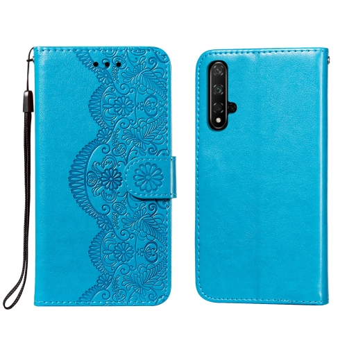 

For Huawei Honor 20 Flower Vine Embossing Pattern Horizontal Flip Leather Case with Card Slot & Holder & Wallet & Lanyard(Blue)