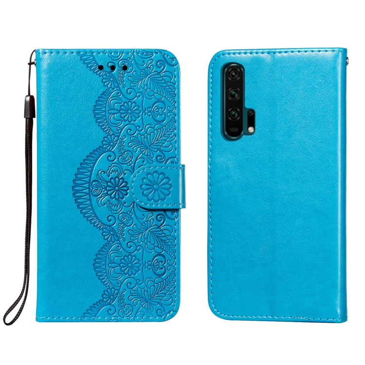 

For Huawei Honor 20 Pro Flower Vine Embossing Pattern Horizontal Flip Leather Case with Card Slot & Holder & Wallet & Lanyard(Blue)